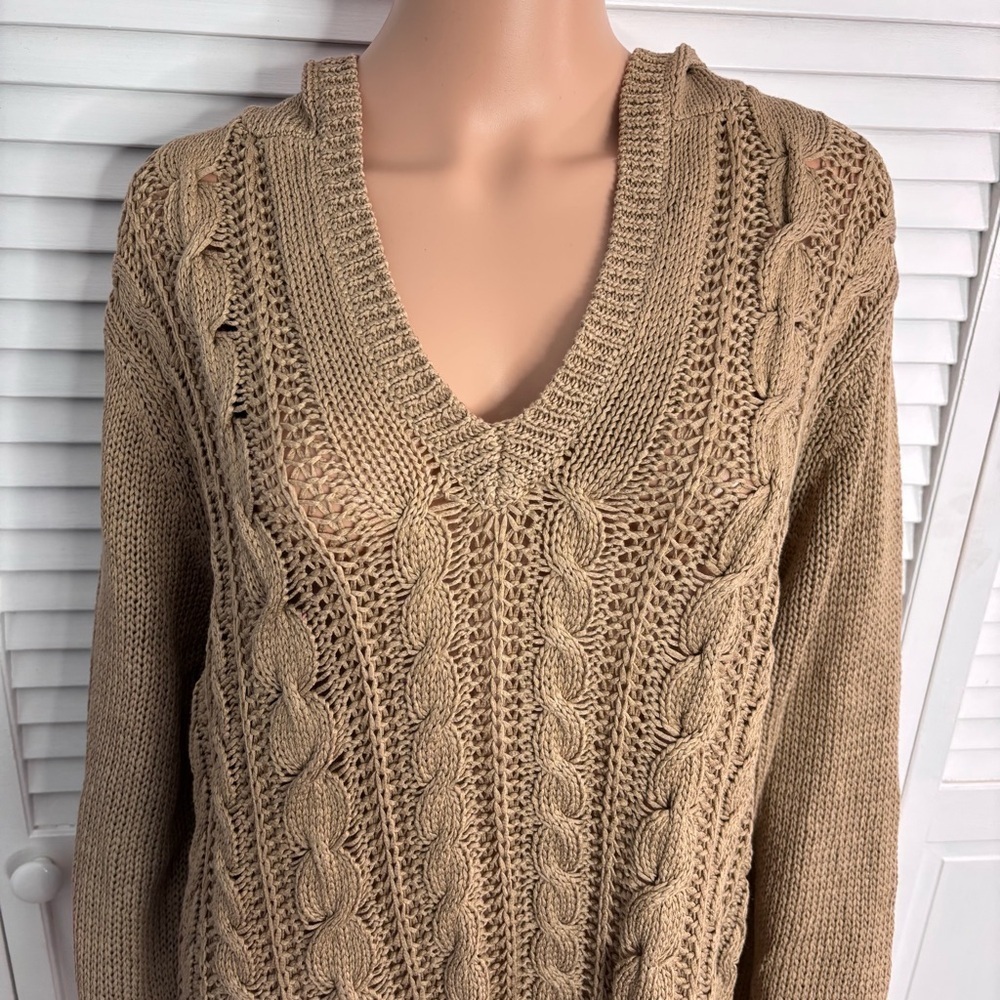 TALBOTS Brown Mercerized Cotton Hooded Cable Knit Sweater Size 3X - Picture 2 of 8